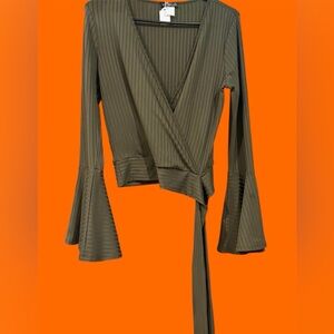 Olive Green Wrap Top with Bell Sleeves~